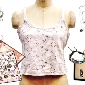 Vtg Cottagecore Eyelet Lace Crop Top XS S